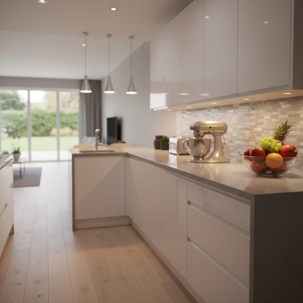 A modern, sleek white kitchen with sleek cabinets and a fruit bowl as its centerpiece.