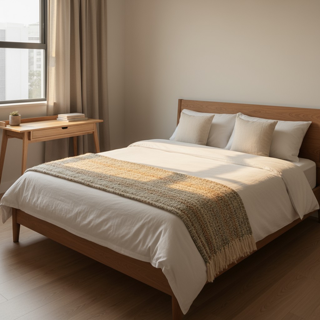 Light brown bed frame against cream-colored wall in a bedroom with natural wood floor and a bedside table