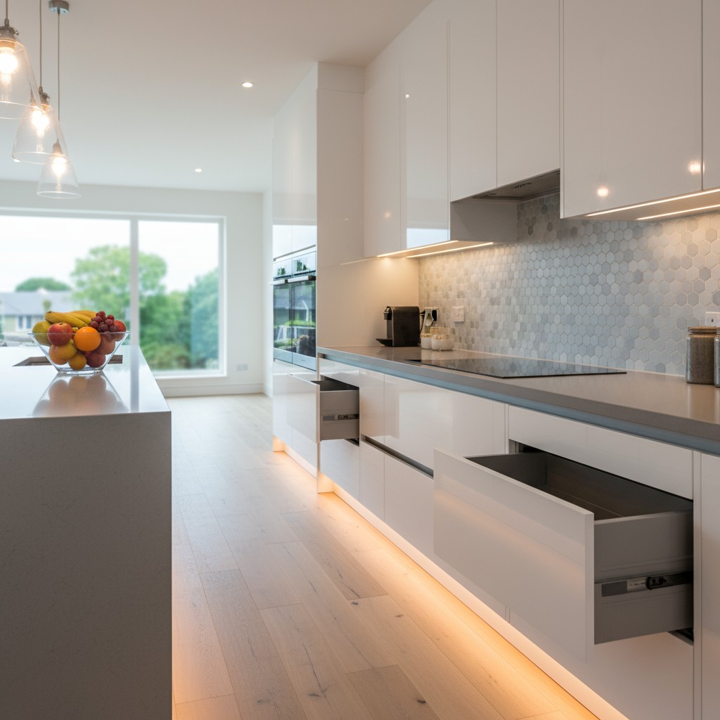A modern minimalist kitchen with white cabinets, grey countertops, light wooden flooring, and a large window in the backgr...