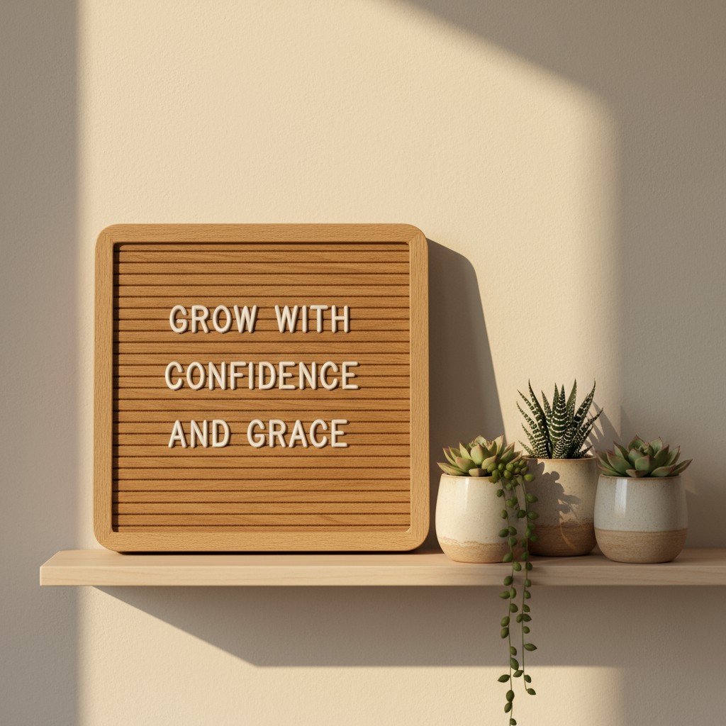 "Grow with confidence and grace, a message conveyed through a letter board and succulent plants, on a light-colored wooden...