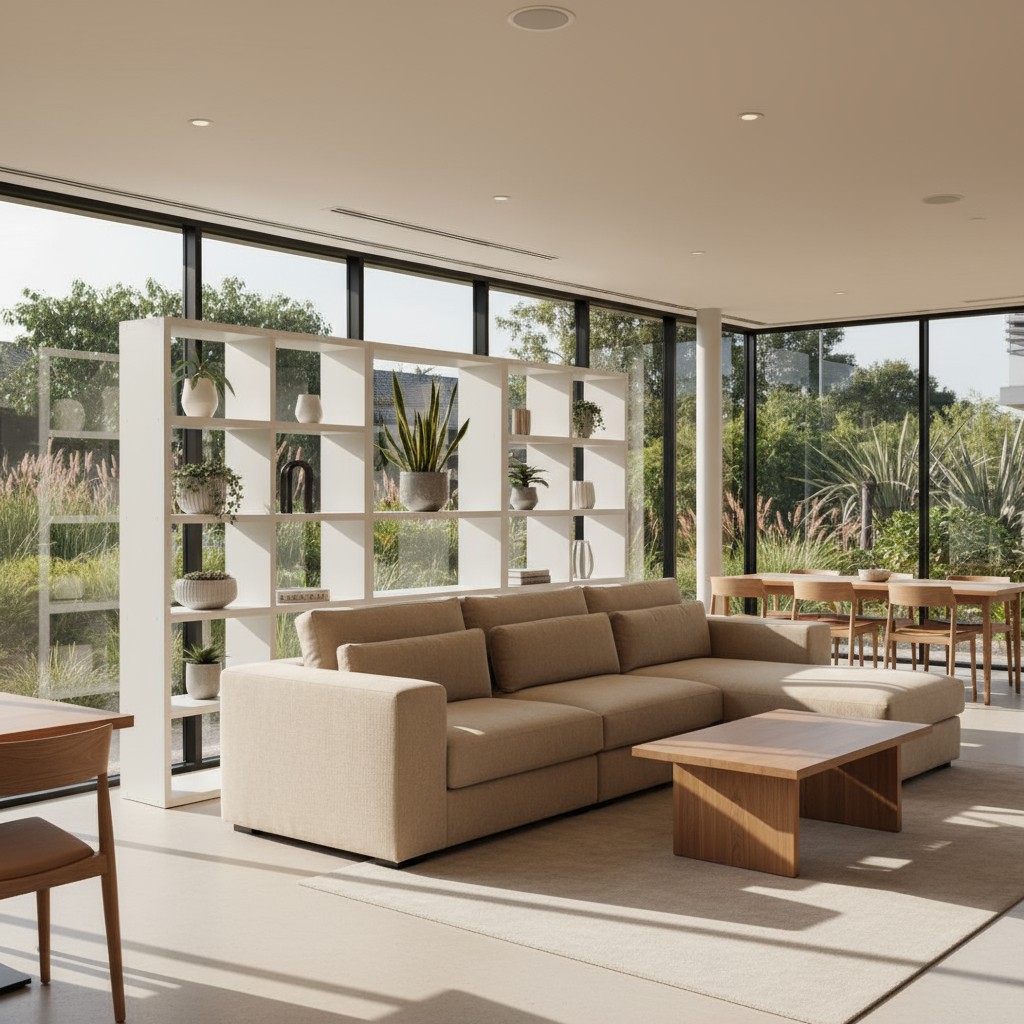 three-section sectional beige couch and an off-white accent rug in a room with various wooden furniture and a built-in sto...